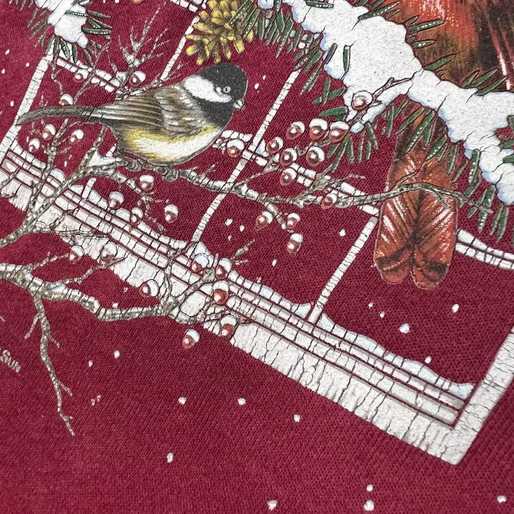 Vintage Winter Chickadee Bird Grannycore Double Collar Crewneck Sweatshirt M Red - Picture 4 of 14